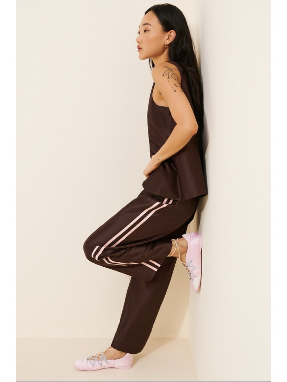 DONNI x Nuuly Silk Taffeta Track Pants Brown Pink Small - Picture 3 of 12